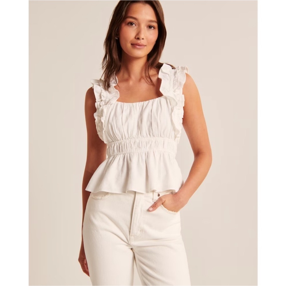 Abercrombie & Fitch Ruffle Strap Linen-Blend Babydoll Top